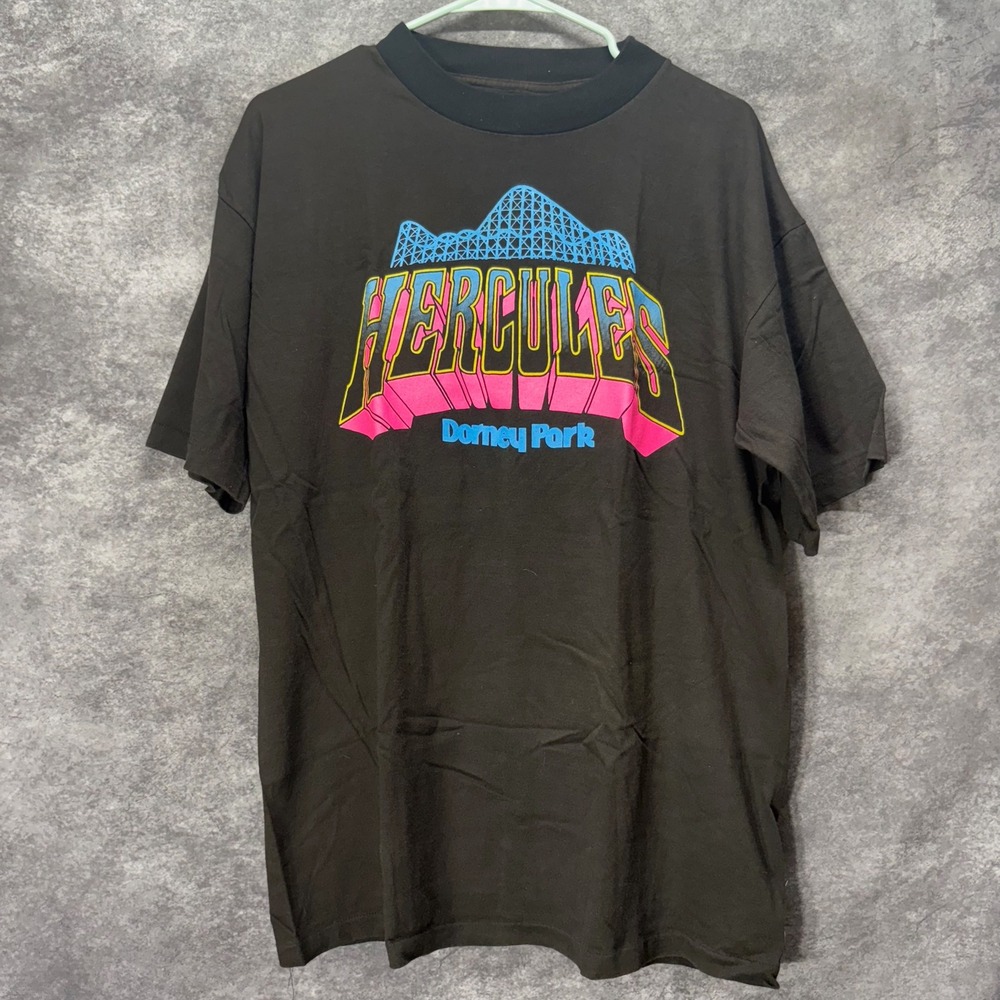 Vintage 80s Dorney Park Hercules Roller Coaster T-Shirt Sz L Black Single Stitch